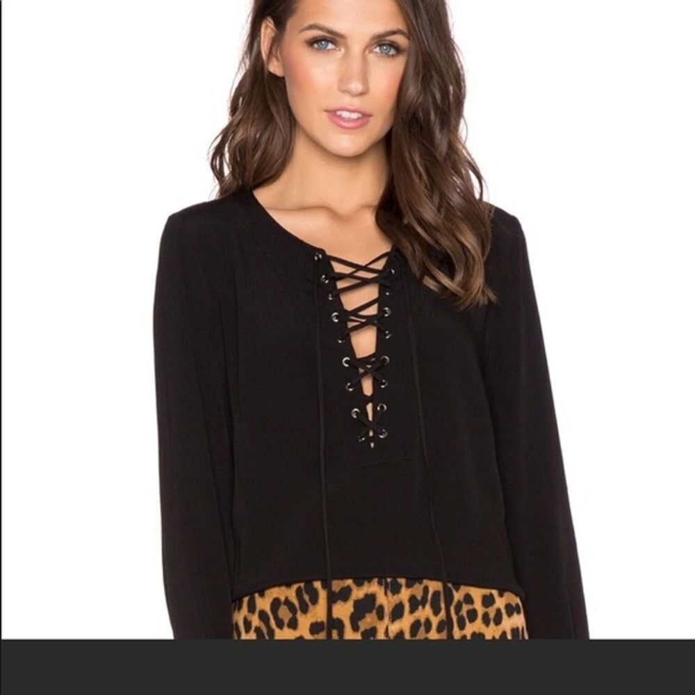 Bardot Black Lace Up Long Sleeve v neck Blouse peasant womens 8 med